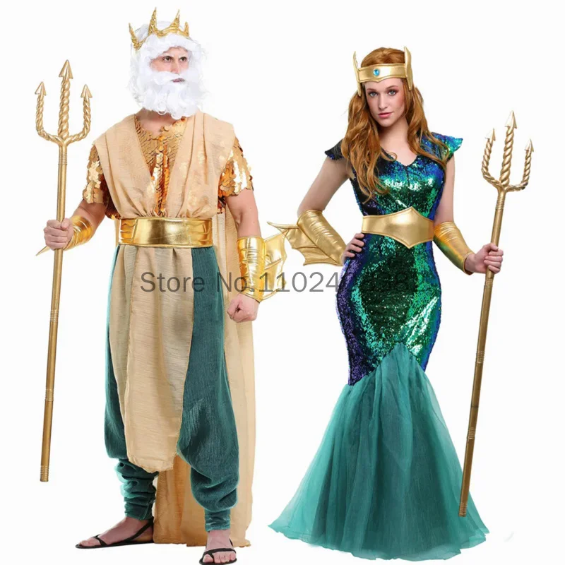 Sexy Couple Neptune Sea Siren Mermaid Queen Costume Men Poseidon Costumes Fantasia Halloween Purim Carnival Mardi Gras Dress up