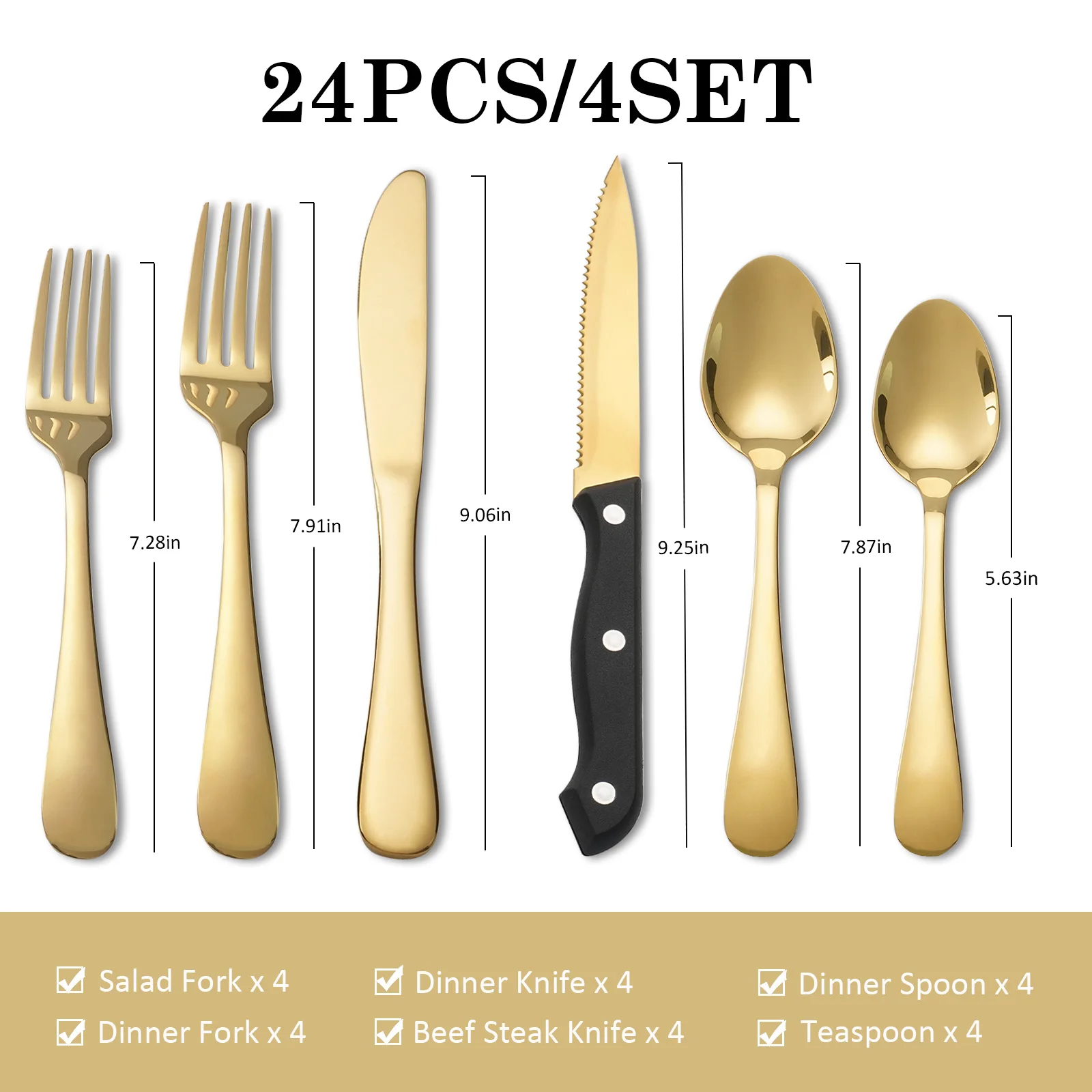 

24 pcs flatware set Gold 4 Person Cutlery Set with Steak Knives Dinner Fork Spoon Box for Home Party‌