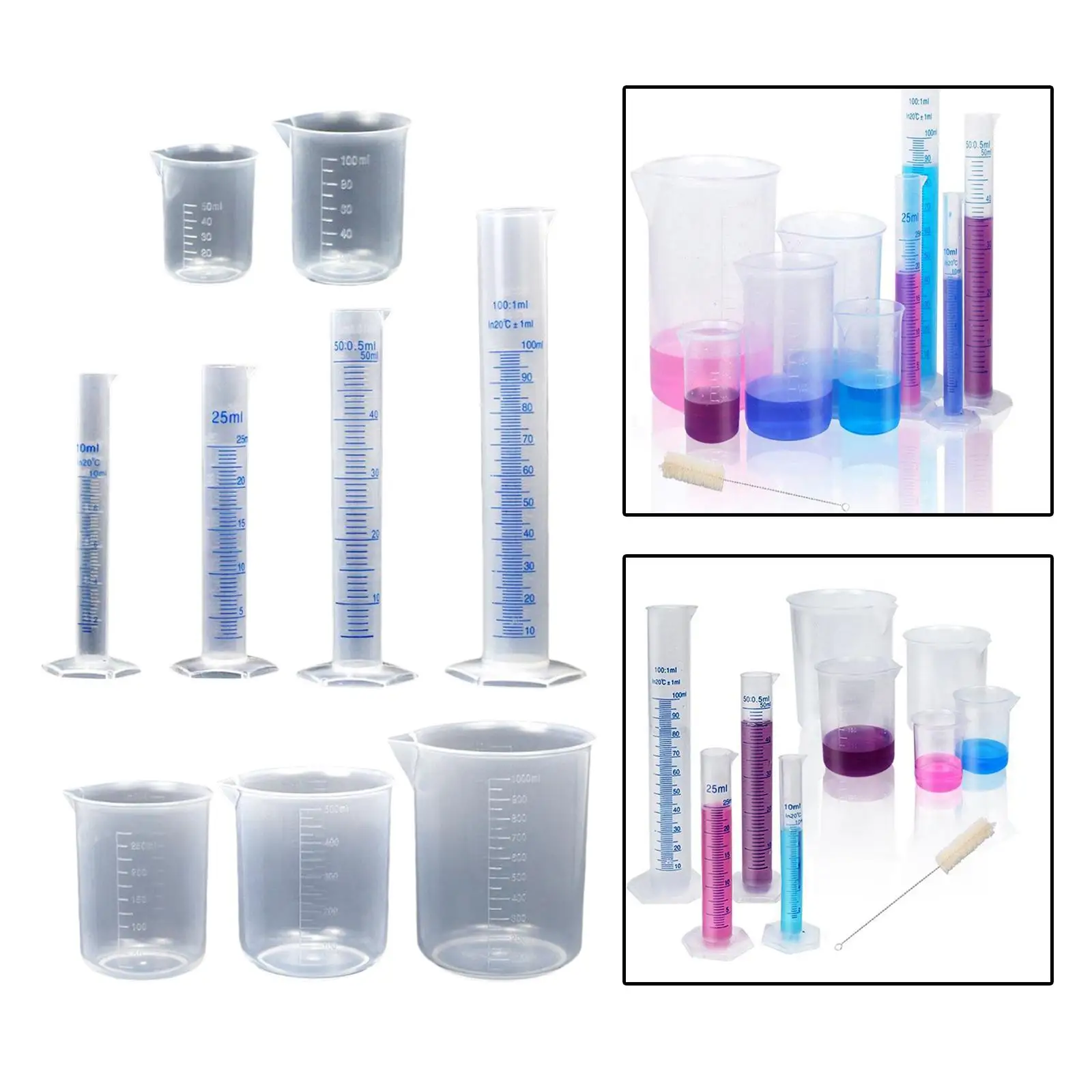 Silinder plastik dan gelas 10ml, 25ml, 50ml, 100ml silinder 5pcs cangkir