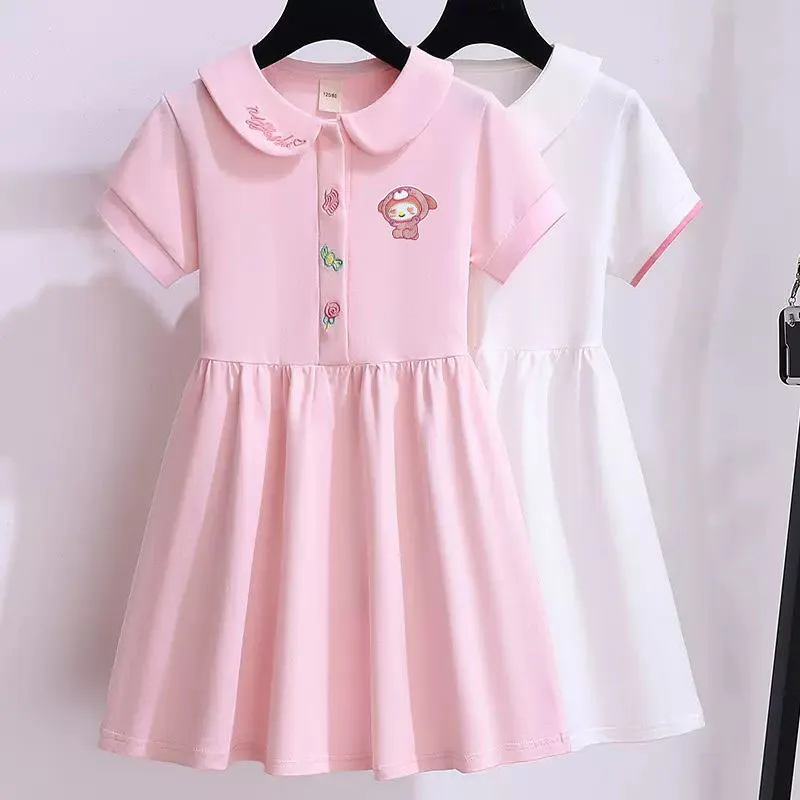 

Anime Sanrios My Melody Kids Dress Summer Kawaii Cinnamoroll Girl Preppy Short Sleeve Dress Fashion Princess Skirt Thin Summer