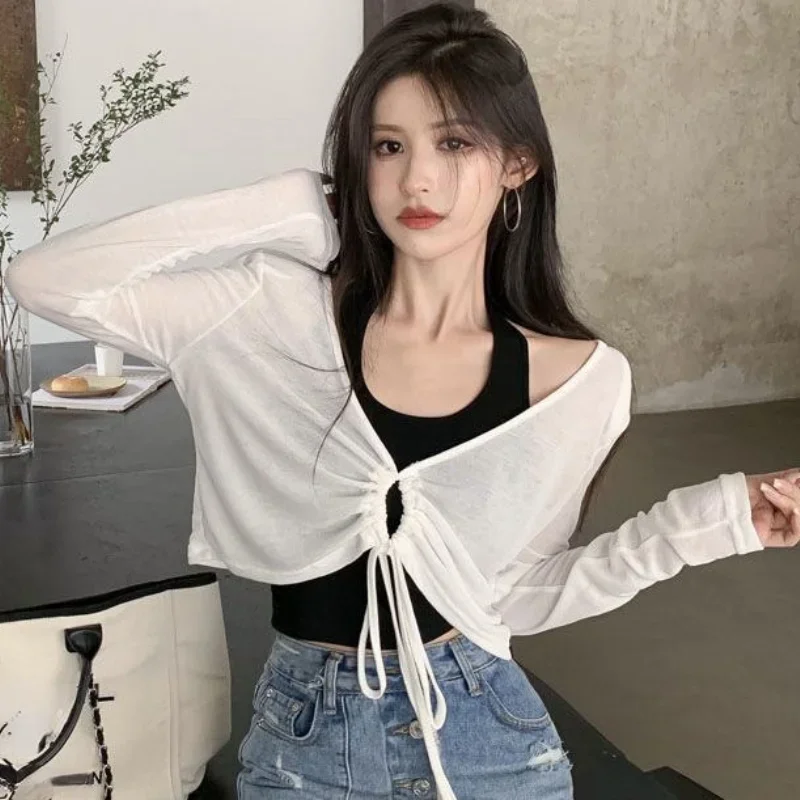 تي شيرت تانك مجموعات النساء أزياء مثير بسيط كل مباراة الترفيه الصيف الشمس واقية تصميم اليومية الكورية نمط Shiring السيدات أنيقة