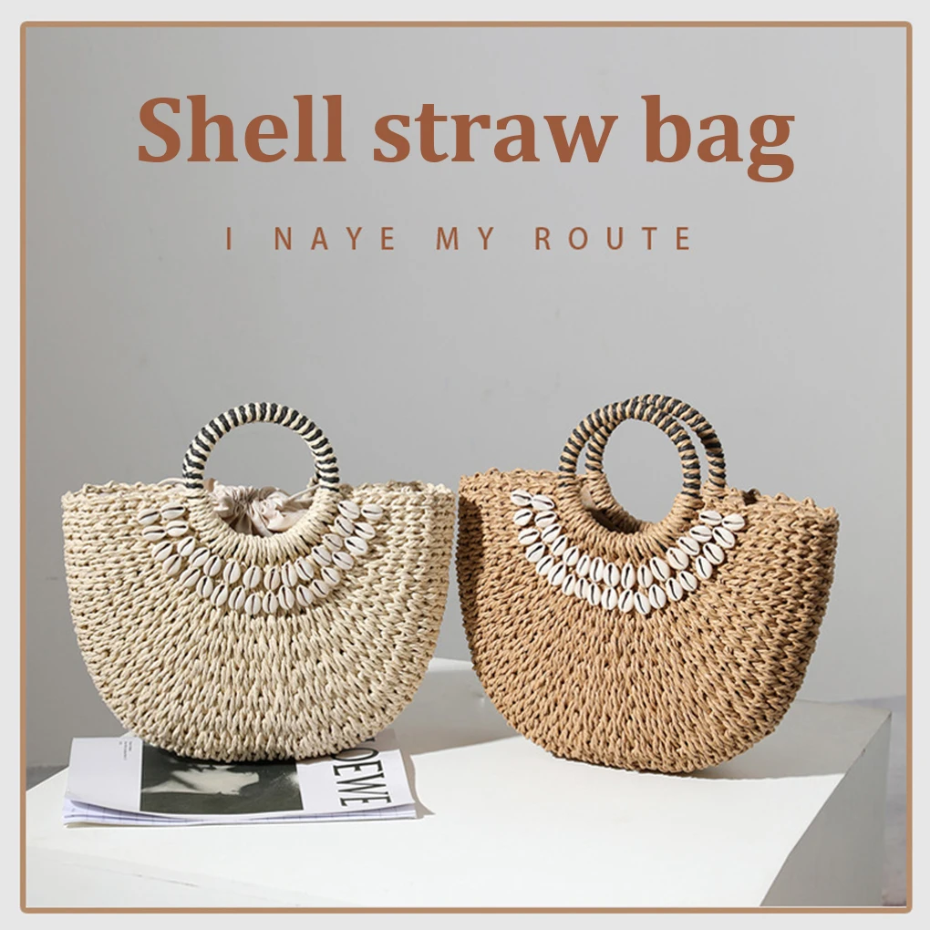 Half Moon Rattan Women Handbags Vintage Wicker Woven Summer Beach Shell Bohemian Style Large Capacity Tote Vacation Beige