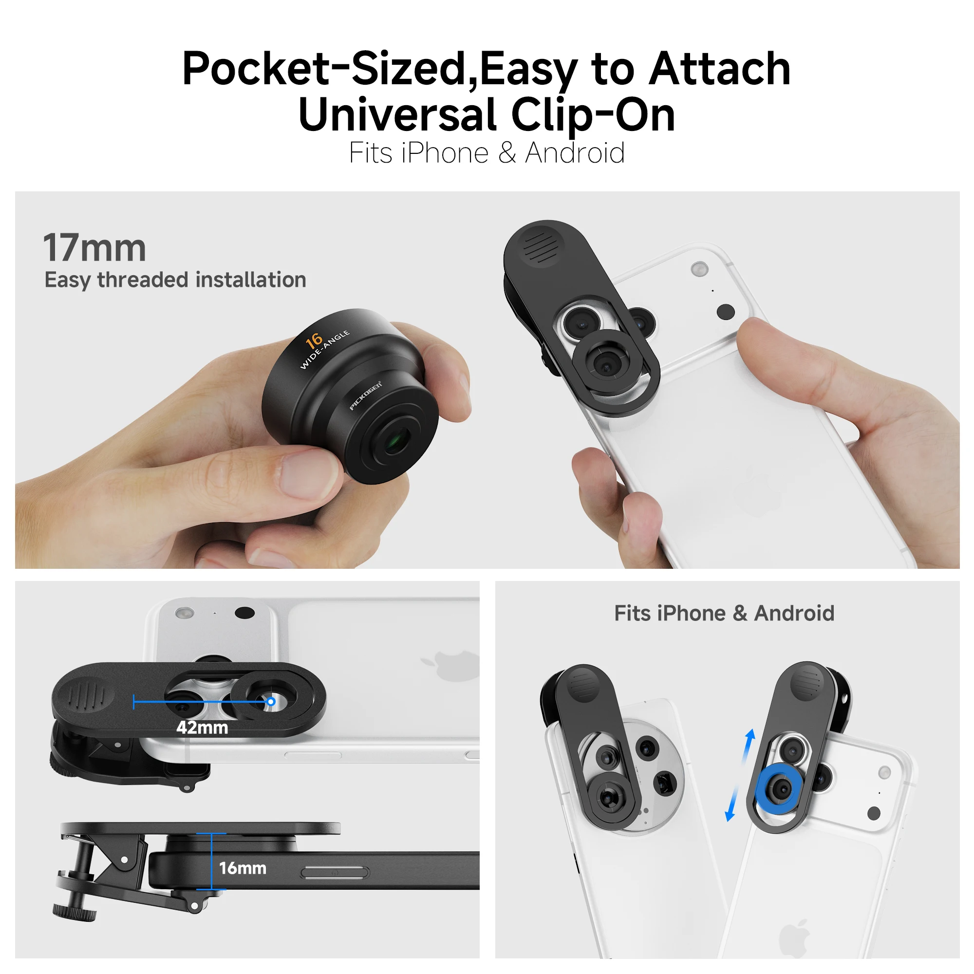 PICKOGEN 16mm Wide Angle Lens, Achieve 105° FOV and Wide Expansive Shots for iPhone and Samsung Xiaomi Vivo 17MM Mount