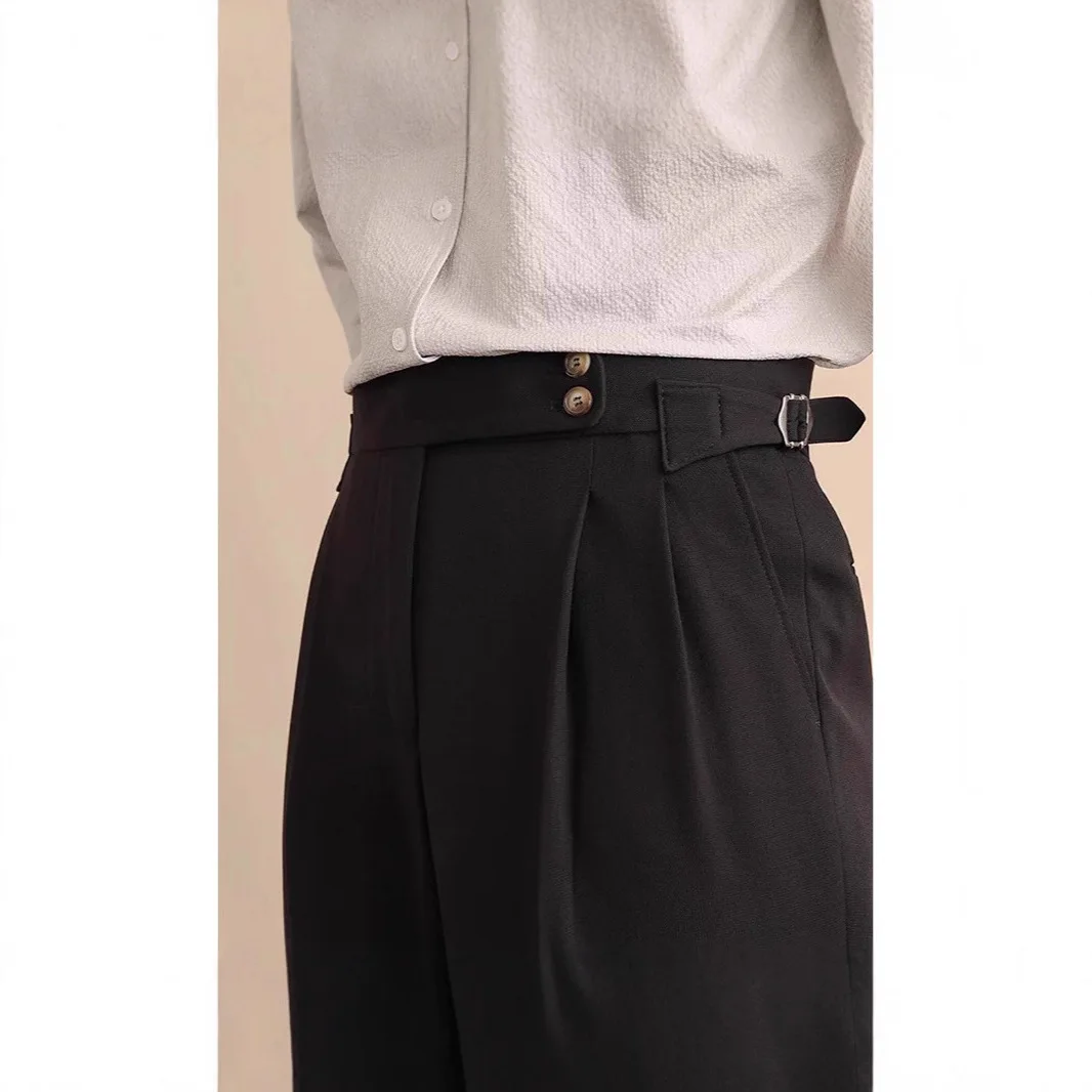French Paris Buckle High Waist Roll-Up Straight Trousers Men's Business Casual Pants
