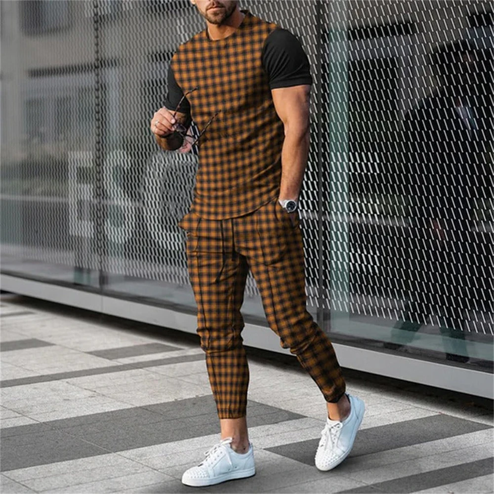 Summer Men  2Piece Casual Clothing Male Retro Style Sportswear 3D Printed T-Shirt Trousers Set Fashion Solid Color Tracksuit