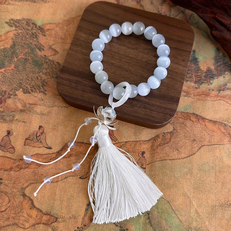 النمط القديم لوتس شرابة عين القط حجر باليد سوار جديد Hanfu الإكسسوار سوار للنساء