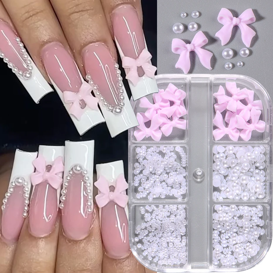 6Grids Ribbon Bow 3D Nail Art Decorations Resin Charms Butterfly Acrylic Flower Pearl Mixed Rhinestones Accessories Manicure