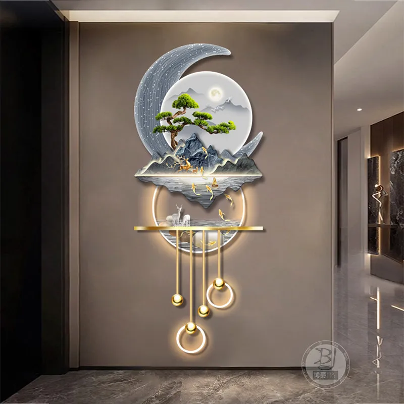 New Chinese Style Entrance Nine Fish Painting LED Light-Up Decorative Art for Corridors and Hallways with Motion Sensor WallLamp