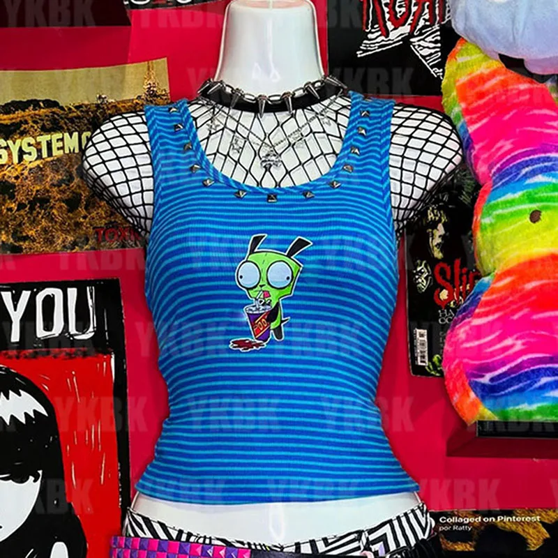 

tanktop summertop y2k blue sleeveless nasi майка aesthetic trendy Shoulder Camis Women 90s Clubwear U Collar cartoon