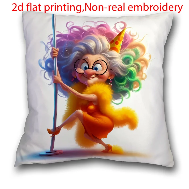 1pc 2D Flat (Pillow Not Included) Funny Grandma Pole Dance Rainbow Hair Cushion Cover Short Plush Quirky Humor Decor ThrowPillow