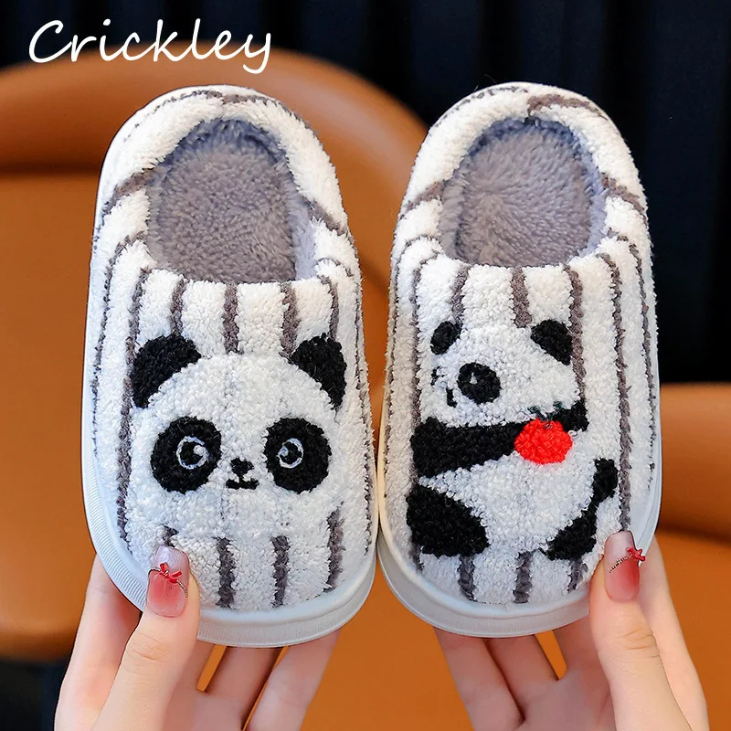 Cute Panda Striped Children Slippers Winter Cartoon Plush Warm Boys Girls Indoor Slippers Soft Bottom Kids Home Shoes