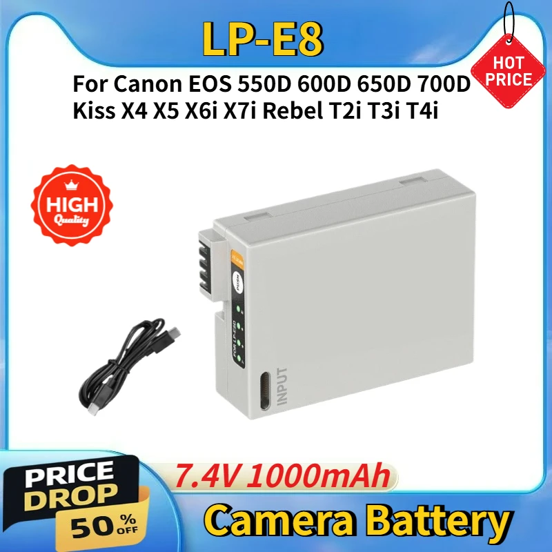 For Canon EOS 550D 650D 700D Kiss X4 X5 X6i Rebel T2i T3i T4i High Quality LP-E8 7.4V 1000mAh Camera Battery Type-C Charging