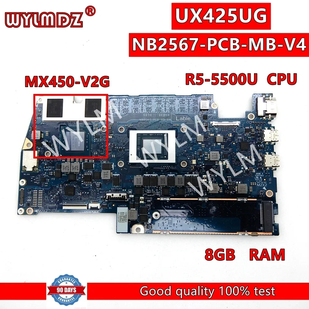 UX425UG Mainboard For Asus Zenbook 14 UX425U UX425UG UM425UG Laptop Motherboard NB2567_PCB_MB_V4 R5-5500U CPU 8GB-RAM MX450 GPU