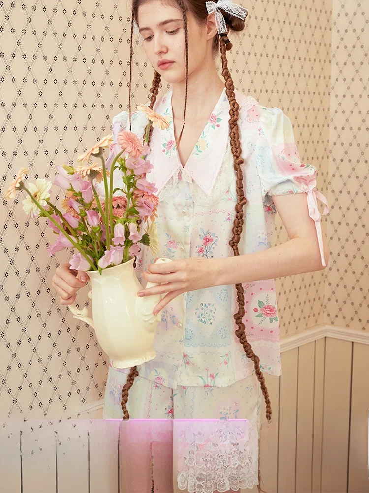 RooMance Floral Lace Ice Silk Sleepwear Set Women's Home Clothes Two-Piece Set Sweet Cute Style Loose Fit Short Sleeve