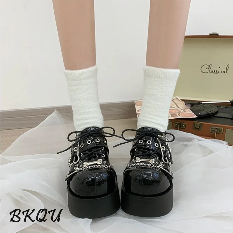 BKQU Rock Spice Punk Dark JK Sweet Cool lace-up buckle Goth muffin platform leather shoes Lolita Single shoes Mary Jane