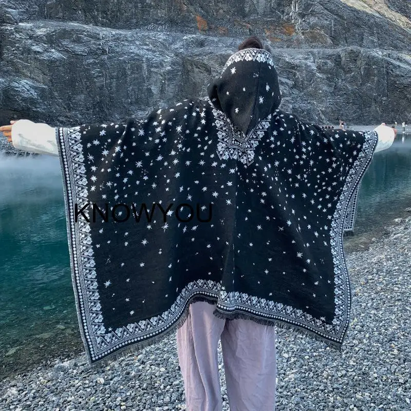 Black Stars Print Shawl and Wraps Male Warm Cashmere Blend Blanket Pashmina Hooded Cloaks Print Jacket Loose Echarpes Ponchos