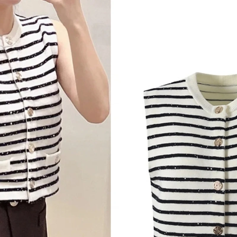 

Sleeveless Knitted Cardigan Round Neck Contrasting Stripes Temperament Fashionable and Versatile Short Vest 2025 New Style