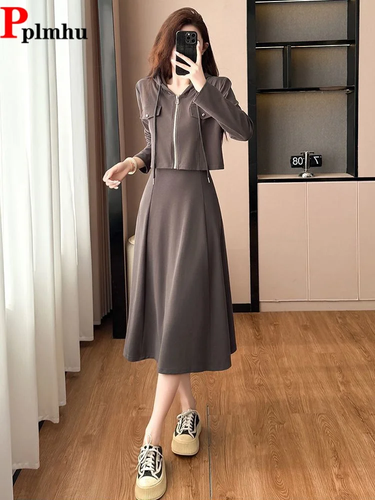 

Women's Casual Vest Dress 2 Piece Set Baggy Zipper Lace-Up Hooded Top Conjuntos Elegant Korean Fashion New Slim Ensembles