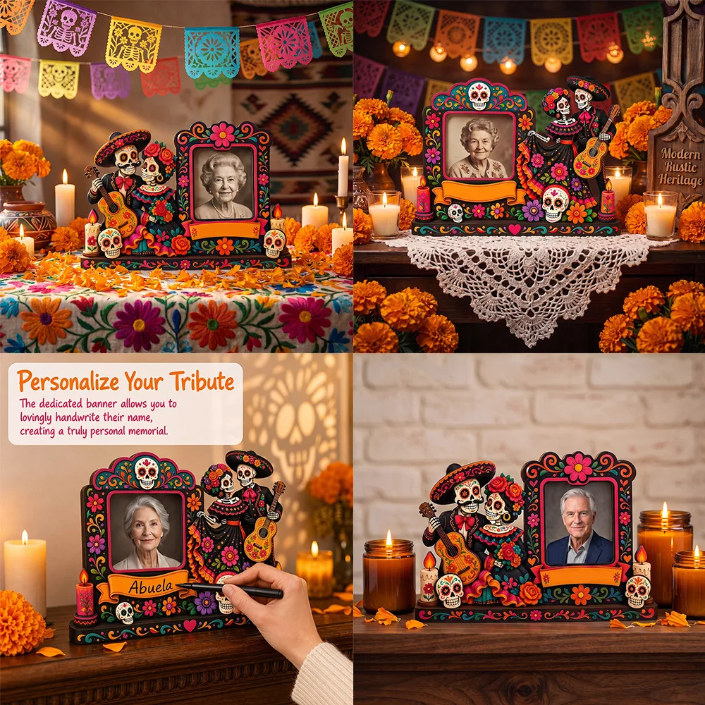 Dia De Los Muertos Wooden Ofrenda Shadow Box, Calavera Photo Frame with Marigolds, Day of The Dead Altar Decor for Remembrance