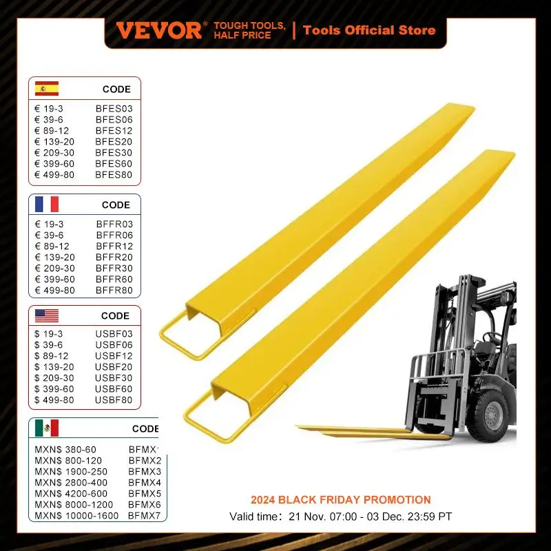 VEVOR Pallet Fork Extensions 60 72 84 96 Inch x 5 / 6 Inch Heavy Duty Lengthen Lifting Forklift Extensions for Warehouse Factory