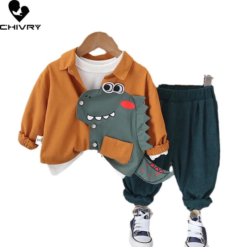 New 2023 Baby Boys Autumn Fashion Cartoon Dinosaur Lapel Jacket Sweatshirt with Pants Kids Fashion Three-piece Clothing Sets