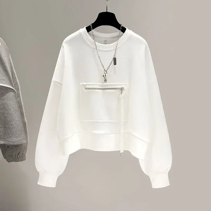 

Autumn New Short Crewneck Sweatshirts Women Casual Long-sleeved T Shirt 2025 Korean Loose Zipper Patch Niche Pullover Tops Trend