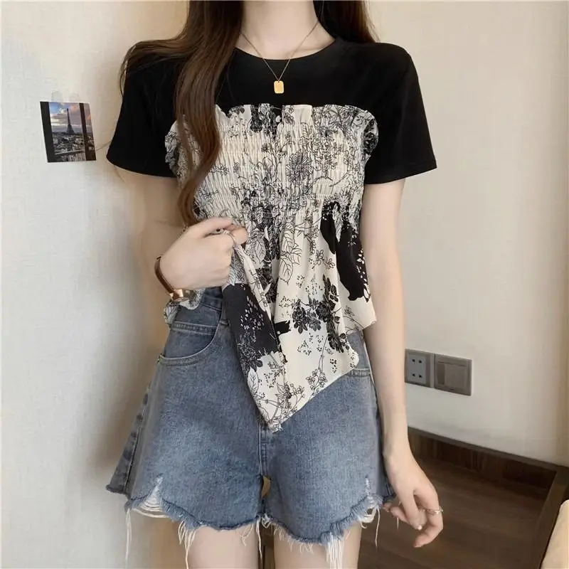 Fashion Printed Folds Irregular Fake Two Pieces T-Shirt Female Clothing 2024 Summer New Loose Sweet Tops Asymmetrical Tee Shirt