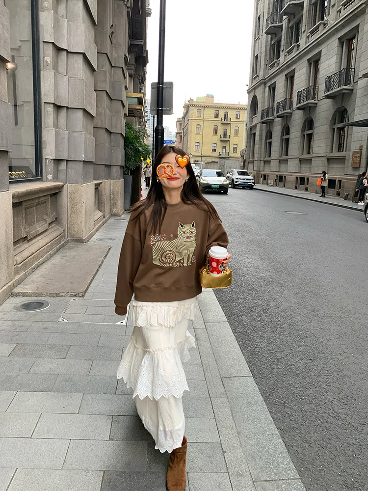 Organic Cotton round Ne Oversized Hoodie Women's ort Embroidered Fce Long Sve Sweatirt Korean Sle Fall Winter