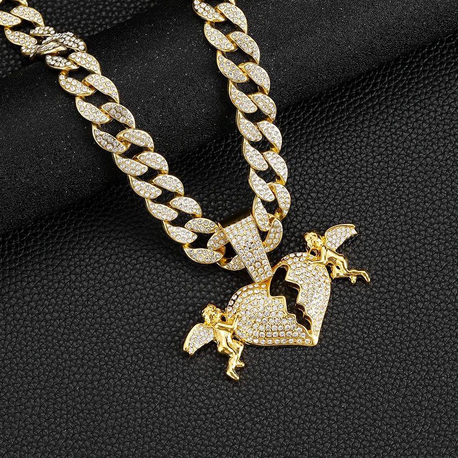 Factory sale Iced Out 15mm Cuban Chain With Hip Hop Alloy And Bling Rhinestone Angel Love Heart Pendant Necklace