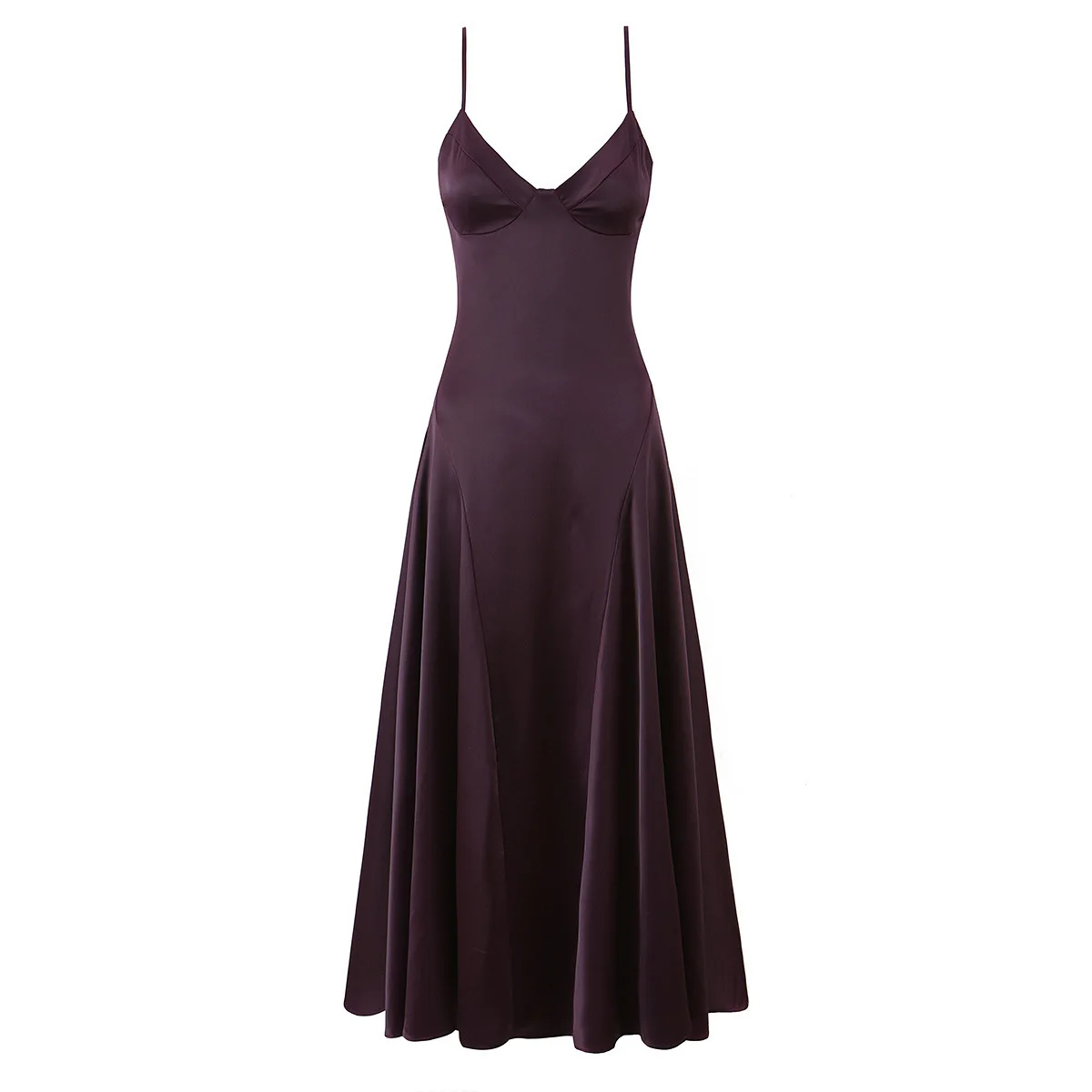 Mingmingxi Elegant Deep Plum Satin Evening Gown with Straps V-Neck  A-Line Formal Dress for Prom Wedding Guest - view 5