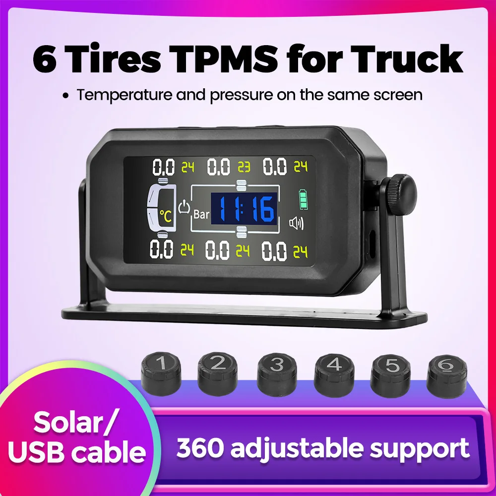 

Система контроля давления в шинах для грузовиков и легковых автомобилей: 6 внешних датчиков, круговой обзор 360°, интеллектуальная система, предупреждение о температуре, экономия топлива, USB-кабель