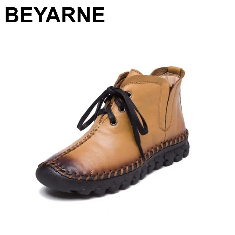 BEYARNE  New women boots Leather Winter Boots Handmade lace-up Woman Shoes Casual Full Genuine Leather Ankle Boots For Women