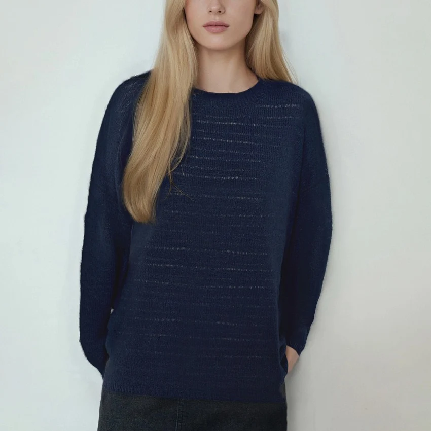 

Lace Knit Sweater Oversize Wool Cashmere Blend Crew Neck Jumper Women