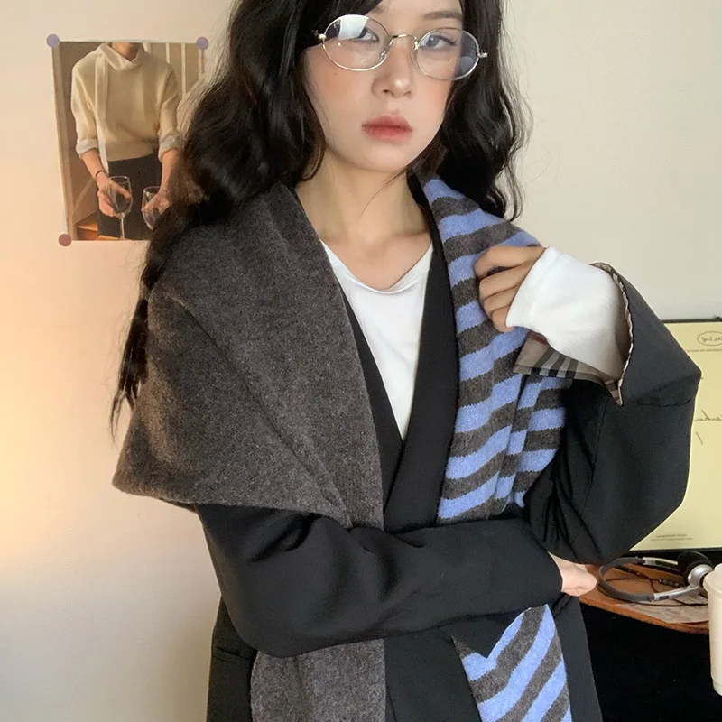 محبوك 2025 الخريف/الشتاء جديد مخطط مثلث وشاح دافئ محبوك حماية الرقبة شال #3