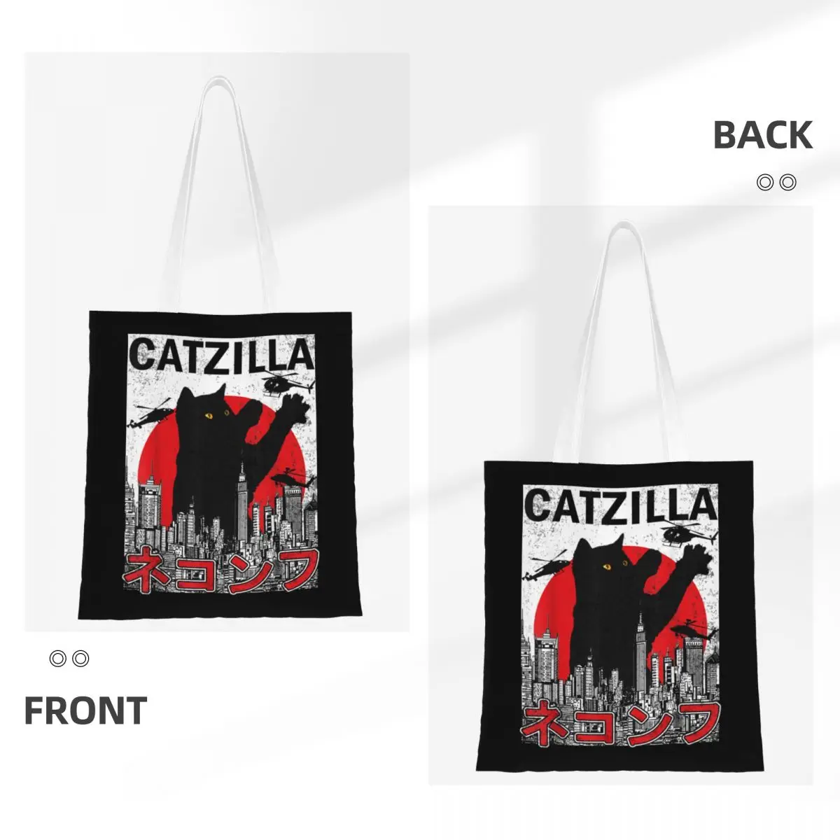 Catzilla Japanese Cat Kitten Lover Canvas Tote Bag Reusable Large Capacity Grocery Bag for Unisex School Bags