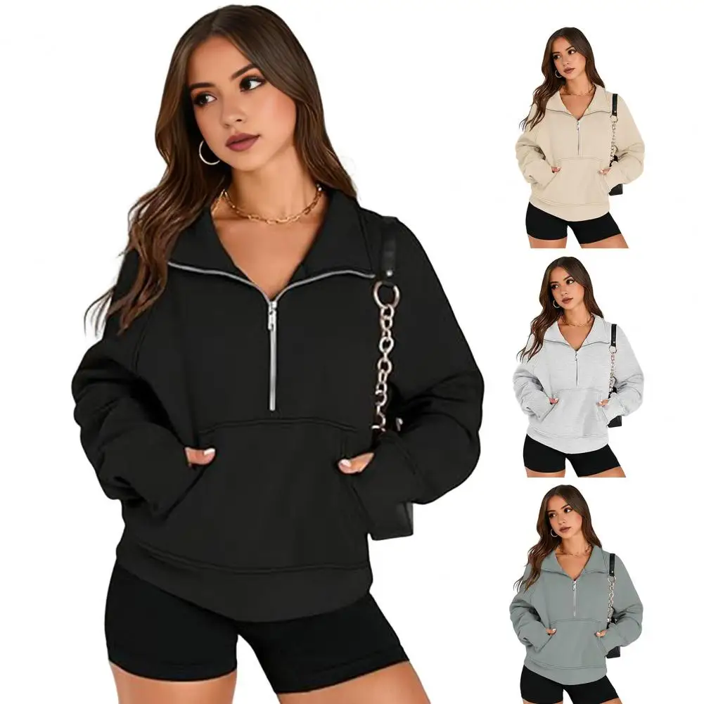 

Женская однотонная плюшевая толстовка с полумолнией и коротким воротником-стойкой, темпераментный пригородный карман, новый пуловер, свитшот 2025