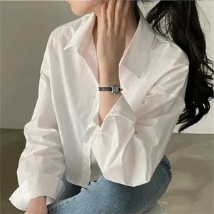 Tops of Long Sleeve of Women's Divided button, casual white shirt, Korean style blouse, monochrome party clothes, new, spring 10 Main Sales Crop Shirt - №5