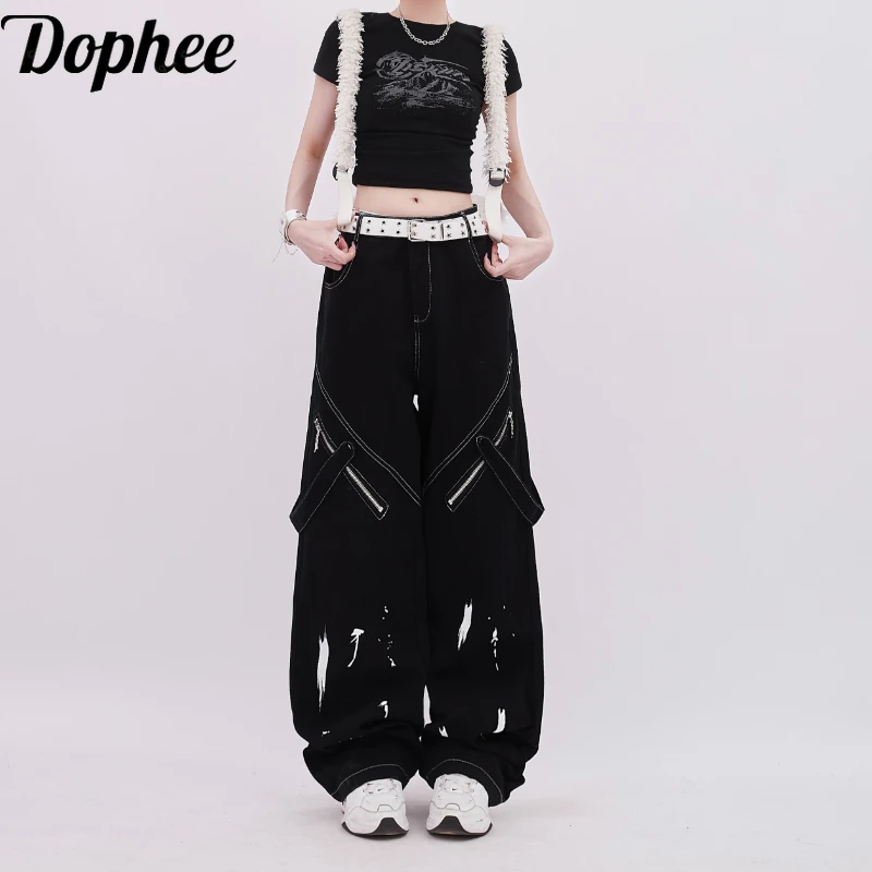 

Ddophee Spice Girls Cargo Pants New Spring Summer High Street Graffiti All-match Bandage Zip Wide Leg Straight Dance Trousers