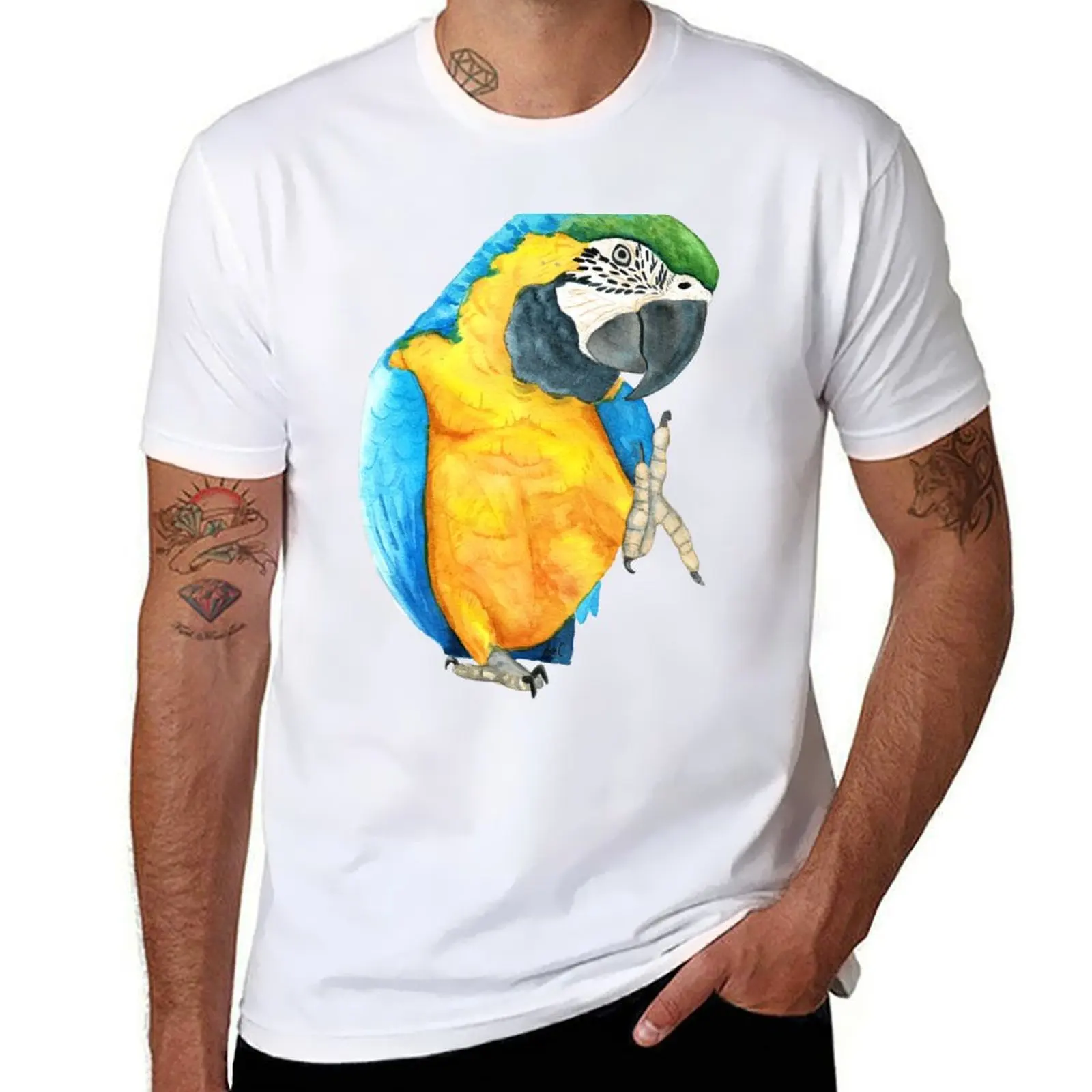 

blue-and-gold macaw ara ararauna parrot watercolor n.2 T-Shirt tees sports fans Clothing graphic t shirts mens white t shirts