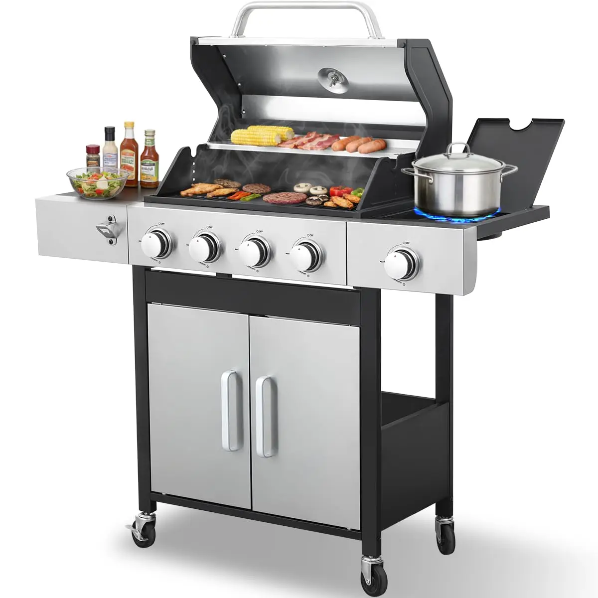 CiG Garden 4 Burner Propane Gas Grill with Side Burner, 52,000 BTU BBQ Grill with Lid Cast Iron Grates and, Customized