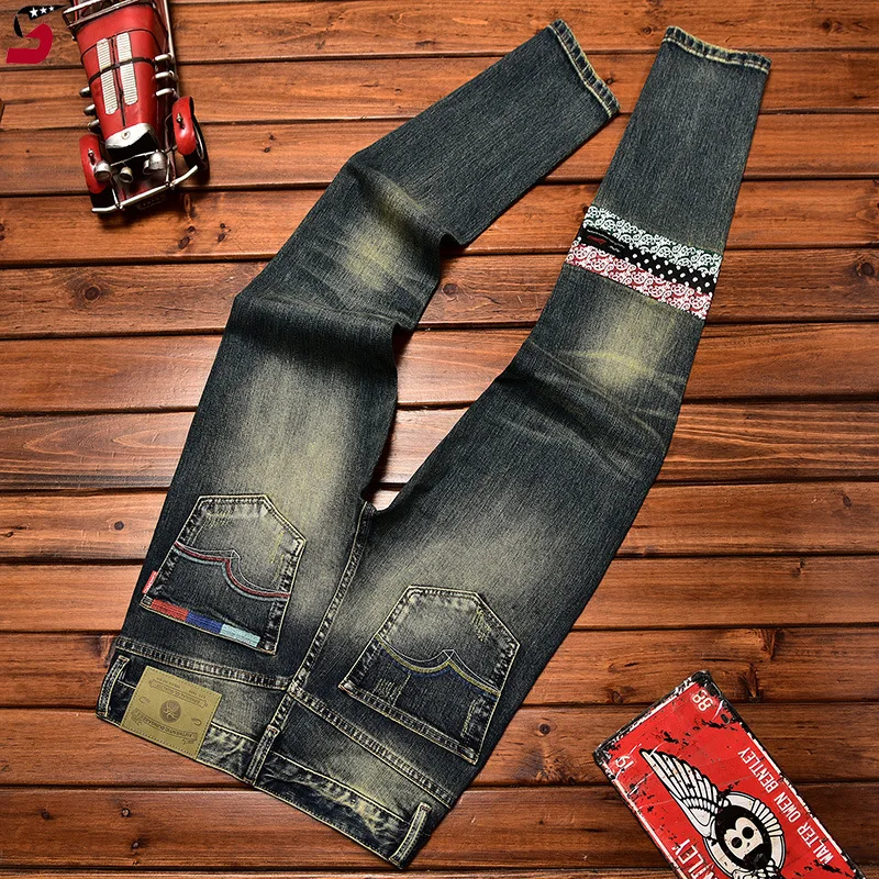 

Fashionable High-End Jeans Men's Retro Nostalgic Stitching Trendy Printed Slim Straight 2024 Autumn New Denim Long Pants