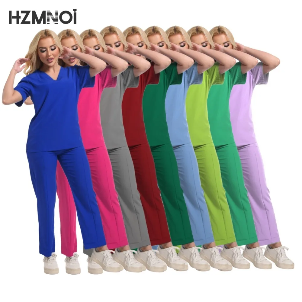 Multicolour Jogger Suits Doctor Nursing Uniforms Short Sleeve V-neck Tops Pocket Pants Nurse Scrubs Set Medical Clinical Clothes