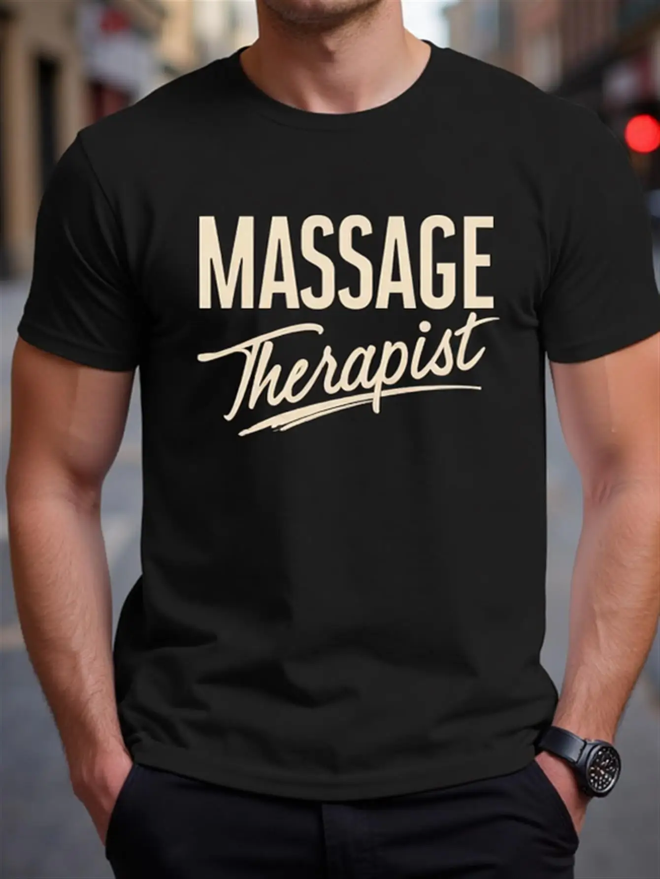 

Men's Masseur Graphic T-Shirt with Bold, Smooth Text and Blurred City Lights Design, Short-Sleeve T-Shirt, Summer Regular Fit Casual Shirt, Men's Holiday Gift, Masseur Gift, Loose Fit