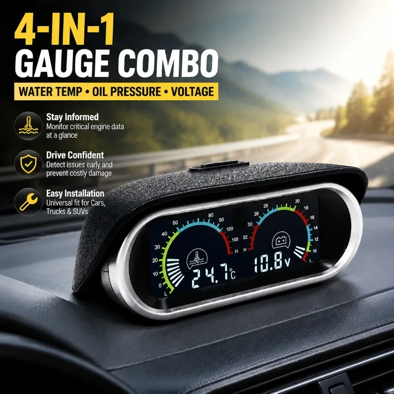 Horizontal Multi‑function Gauge Set Retrofit Accessory for Car Truck Additional Mount Water‑temp Voltage Oil‑pressure Combined