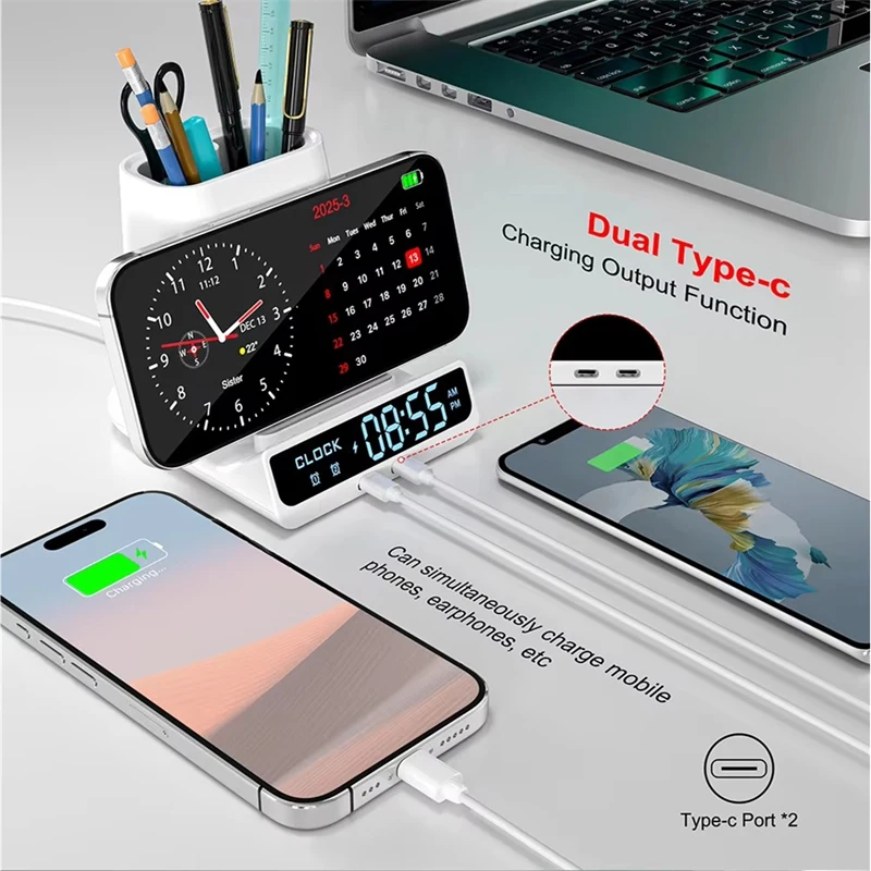 Super Sale Pen Holder Storage Box Electronic LED Alarm Clock with Brightness Adjust 15W Wireless Charger Table Clock White