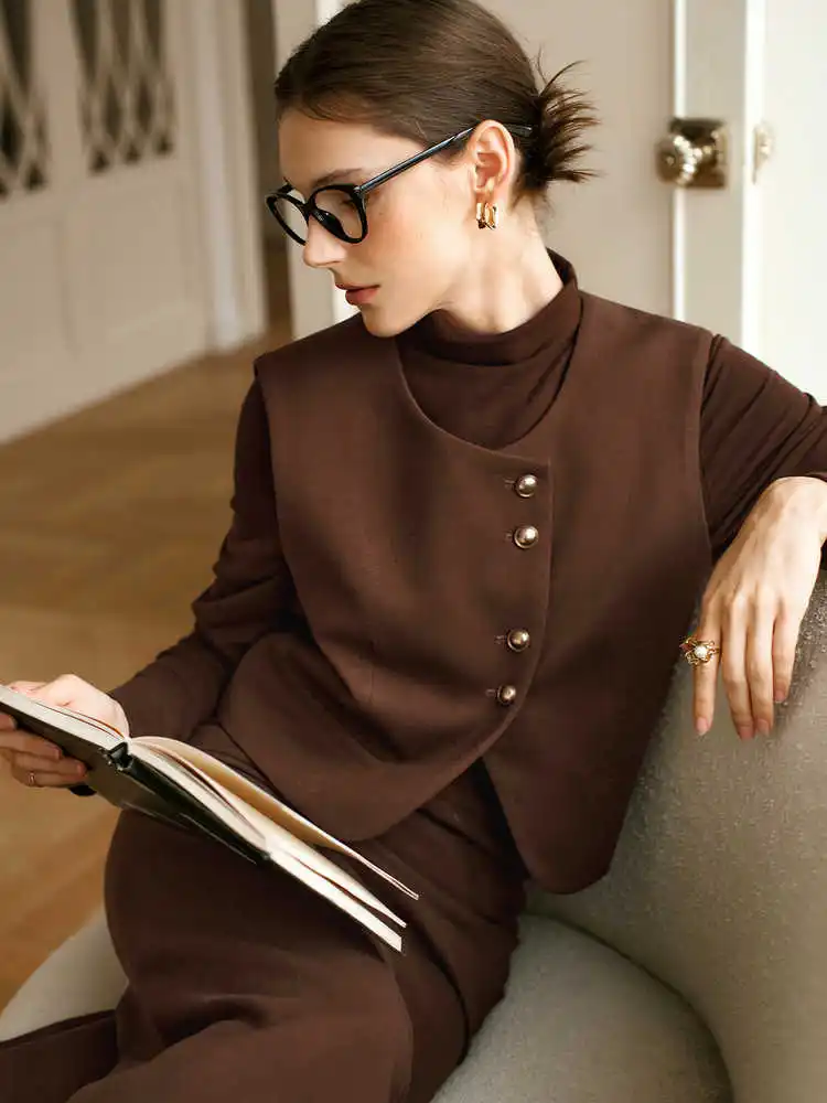 OLrain French Skirt Set 2025 Autumn Solid Turtleneck Top Asymmetric Placket Vest Straight Long Skirts Three-piece Set O56DE95363