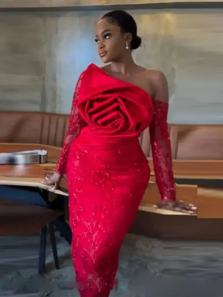 

Fashionable Mermaid Short Lace Ruffled Black Girl Dance Dress Sexy Off Shoulder Long Sleeved Formal Occasion Dress Customized