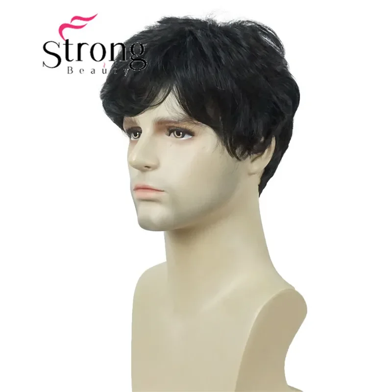 Kuat Pria Wig Coklat Gelap/Hitam Alami Pendek Lurus Rambut Sintetis Wig