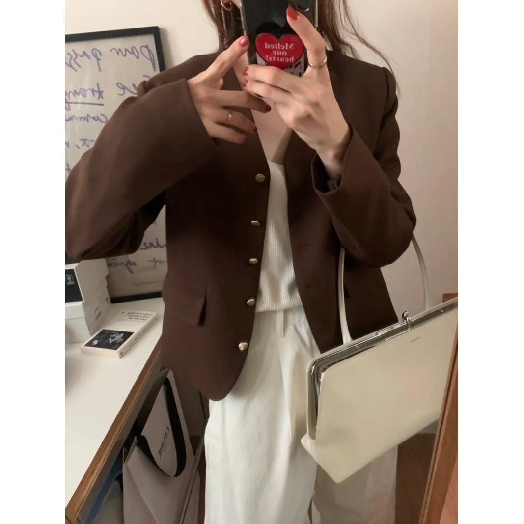 Classic Korean Style Women's Long Sleeve V-Neck Suit Jacket Simple Versatile Autumn Fashion Short Outerwear Polyester Fiber