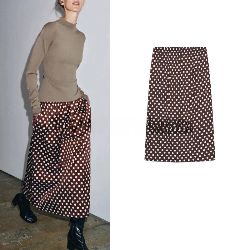 กระโปรงทรงเอเอวสูงความยาวปานกลาง ดีไซน์ใหม่สำหรับผู้หญิง ลายจุด ผ้าโพลีเอสเตอร์ แต่งลูกไม้ สไตล์ลำลอง ทรงเข้ารูป